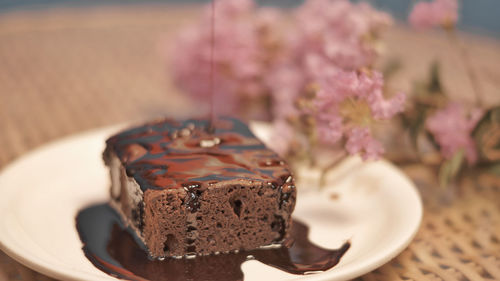 Close-up of cake in plate on table