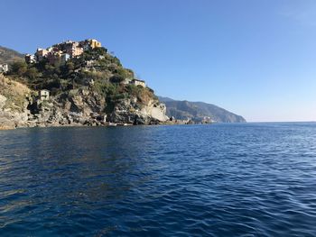 Scenic view of sea against clear blue sky
