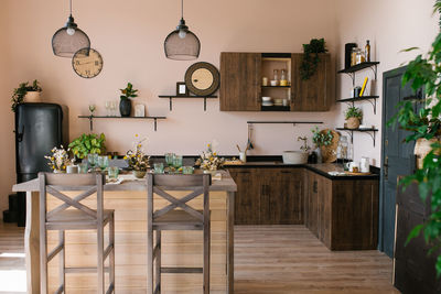 The interior of the living room of a country house made of wood in the scandinavian style. 