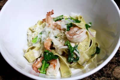 High angle view of prawn pasta served in bowl