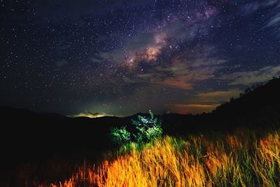 Scenic view of landscape against star field at night