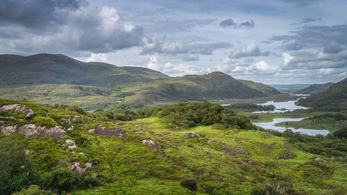 Ladies view and lakes of killarney. valley and mountains with dramatic sky, rink of kerry, ireland