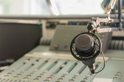 Close-up of microphone at recording studio