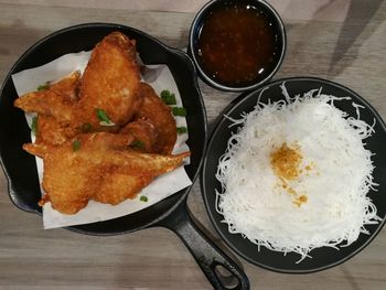 High angle view of food in plate on table