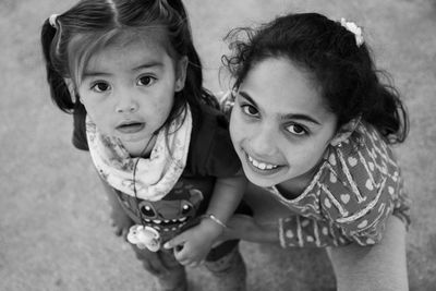 High angle portrait of siblings