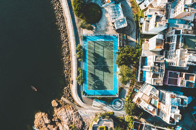 High angle view of street amidst buildings in city