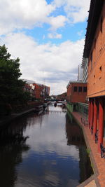 Canal amidst houses against sky in city