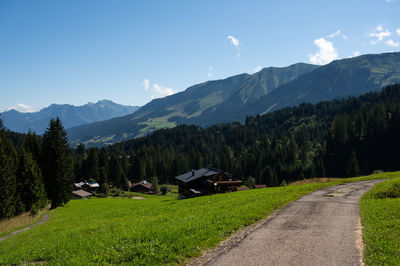 Scenic view of road by trees and mountains against sky