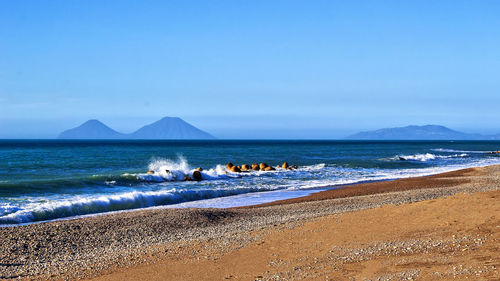 Scenic view of sea against blue sky