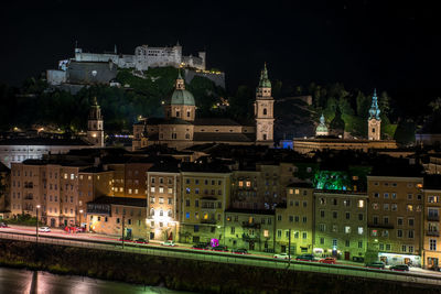 Illuminated buildings in city at night