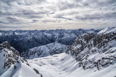 Scenic view of snowcapped mountains against sky