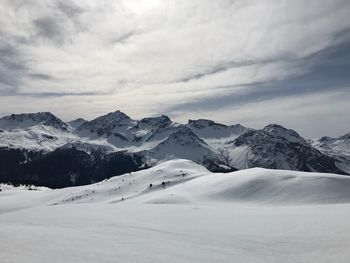 Scenic view of snow covered mountains against sky