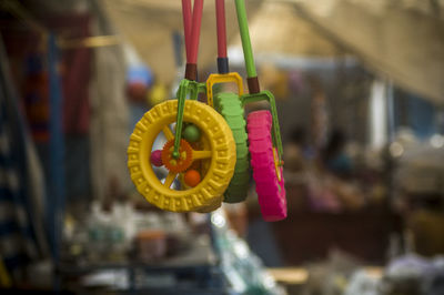 Close-up of clothes hanging on fabric