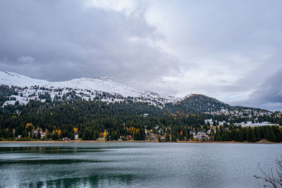 Scenic view of lake by snowcapped mountains against sky