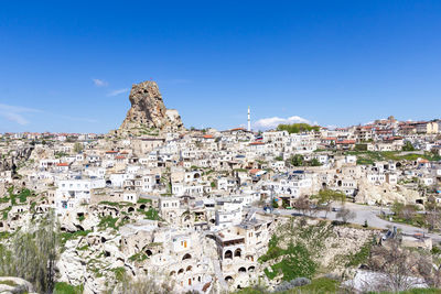 Aerial view of townscape against clear blue sky