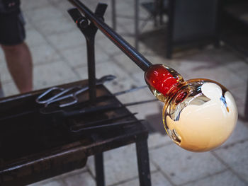 High angle view of wineglass on table