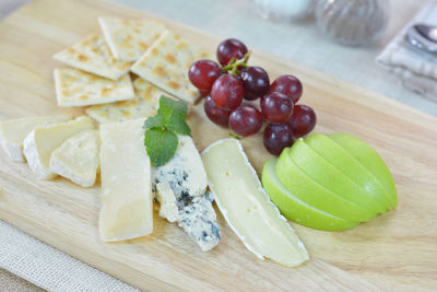 High angle view of grapes in plate on table