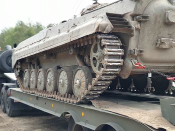 Close-up of armored tank on truck