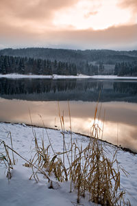 Scenic view of frozen lake against sky during sunset