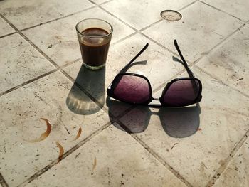 High angle view of glasses on table