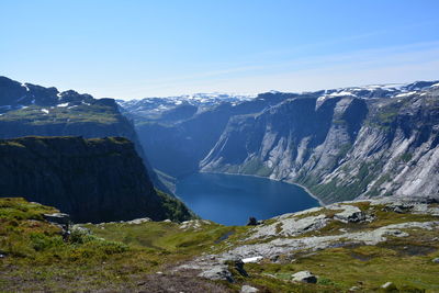 Scenic view of mountains against clear sky