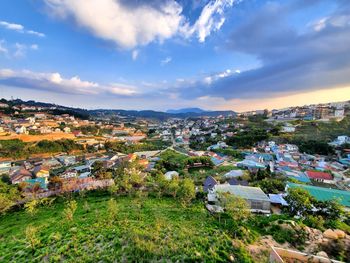 High angle view of townscape against sky