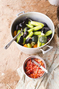 High angle view of vegetables in bowl on table