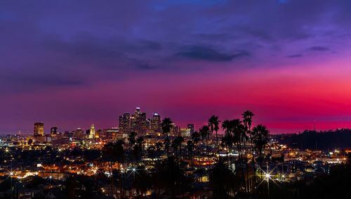 Illuminated buildings against sky at night, down town, los angeles