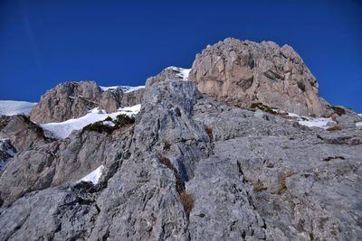 Low angle view of rock formation against clear blue sky