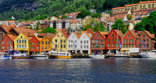 Houses by river and buildings in city