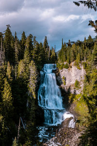 Scenic view of waterfall against cloudy sky