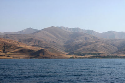 Scenic view of lake and mountains against clear sky