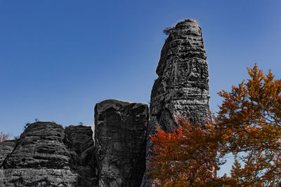 Low angle view of rock formation against clear blue sky