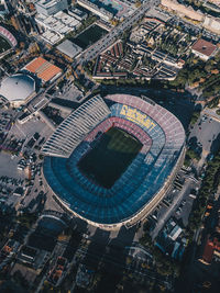 High angle view of modern buildings in city