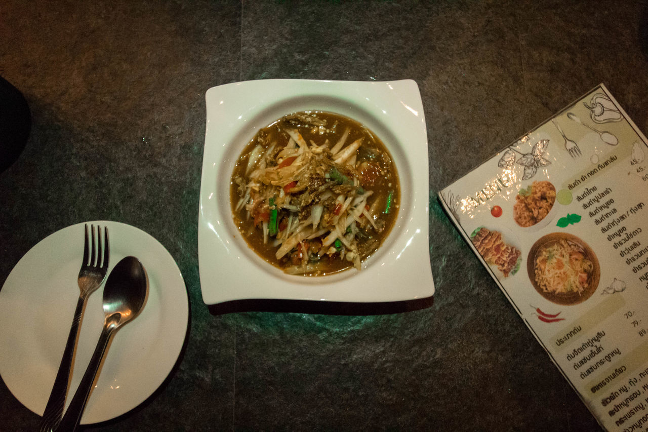 HIGH ANGLE VIEW OF MEAL SERVED IN PLATE