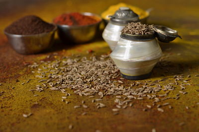 Close-up of spices on table