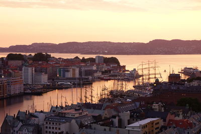 High angle view of city buildings at sunset
