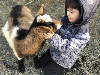 High angle view of boy with baby outdoors