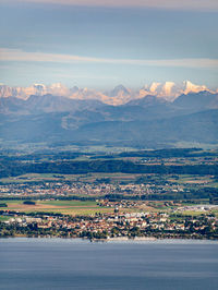 View at lake neuchatel with the bernese alps in the background