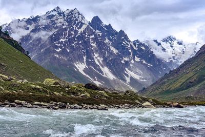 Scenic view of snowcapped mountains against sky