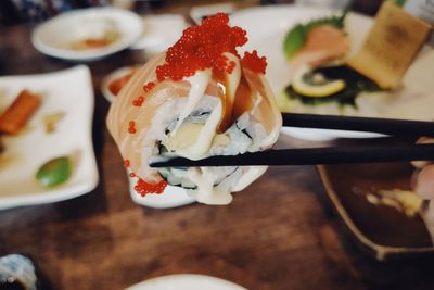 Close-up of sushi served on table