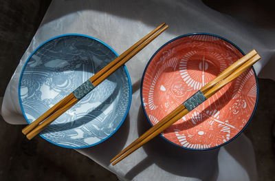 High angle view of paintbrushes on table