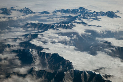Aerial view of snowcapped mountains against sky