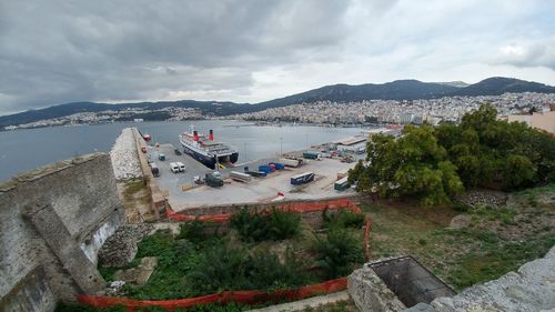 High angle view of bay against sky