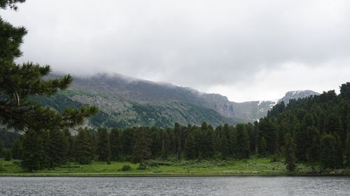 Scenic view of lake and mountains against sky
