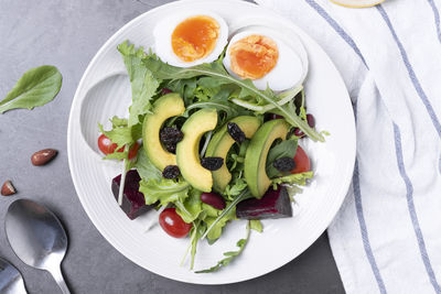 High angle view of breakfast served on table