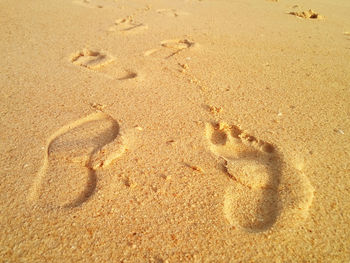 High angle view of footprints on sand at beach