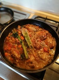 High angle view of meat in bowl