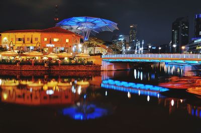 Reflection of illuminated buildings in water at night