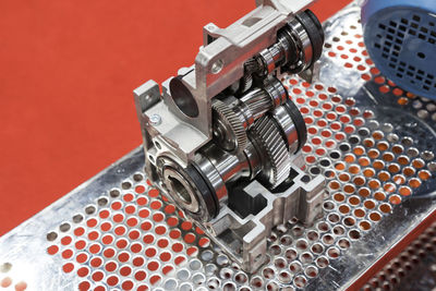High angle view of machine part in factory